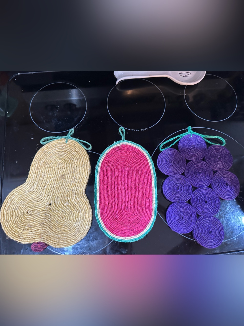 Vintage Handmade Fruit Rope Trivets / Hot Pads – Set of 3 (Grape, Pear & Waterme